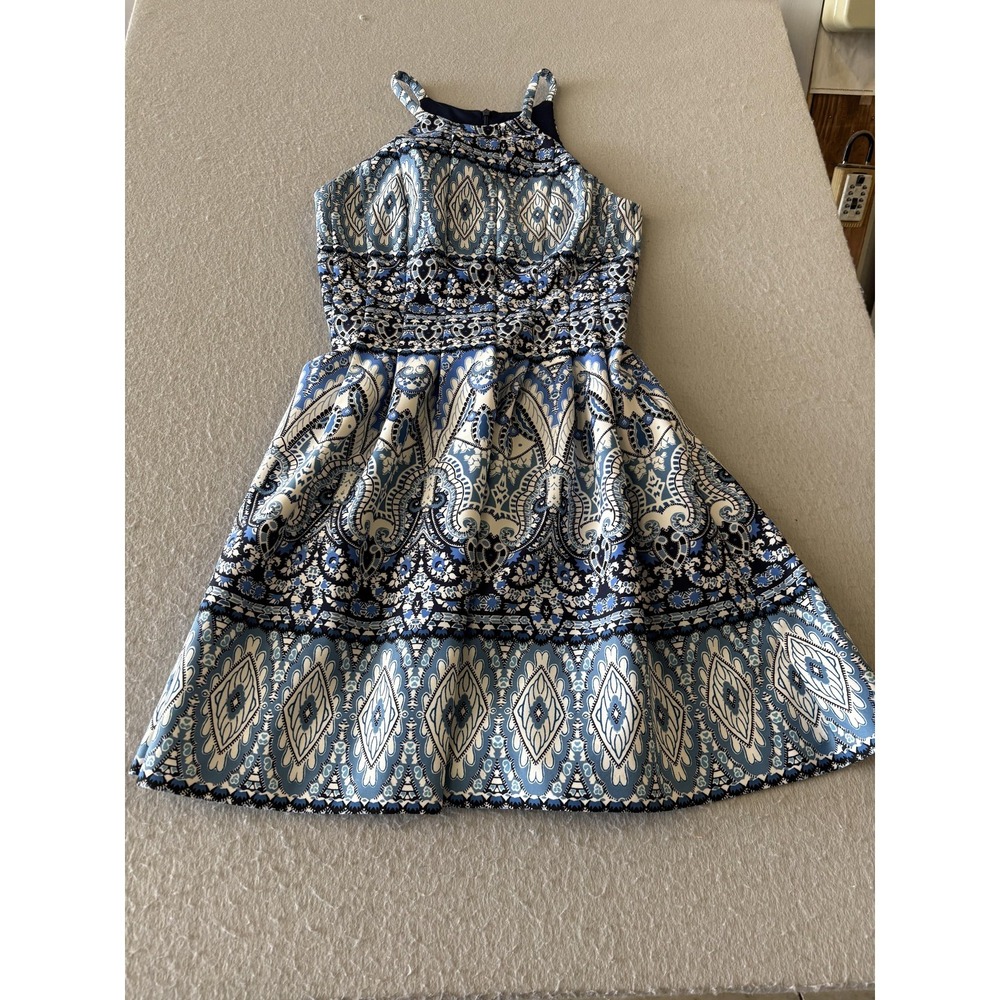 Vince Camuto‎ Dress Womens Small Blue Paisley Fit & Flare High Neck Pleated Mini